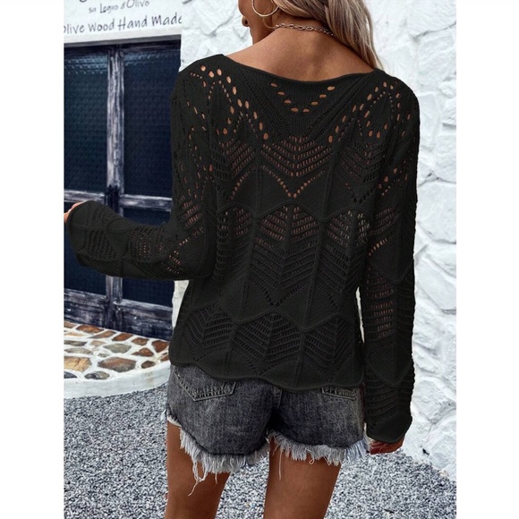 Black Hollow Out Knit Long Bell Sleeve Pullover Light Sweater Boat Neck - Picture 2 of 8